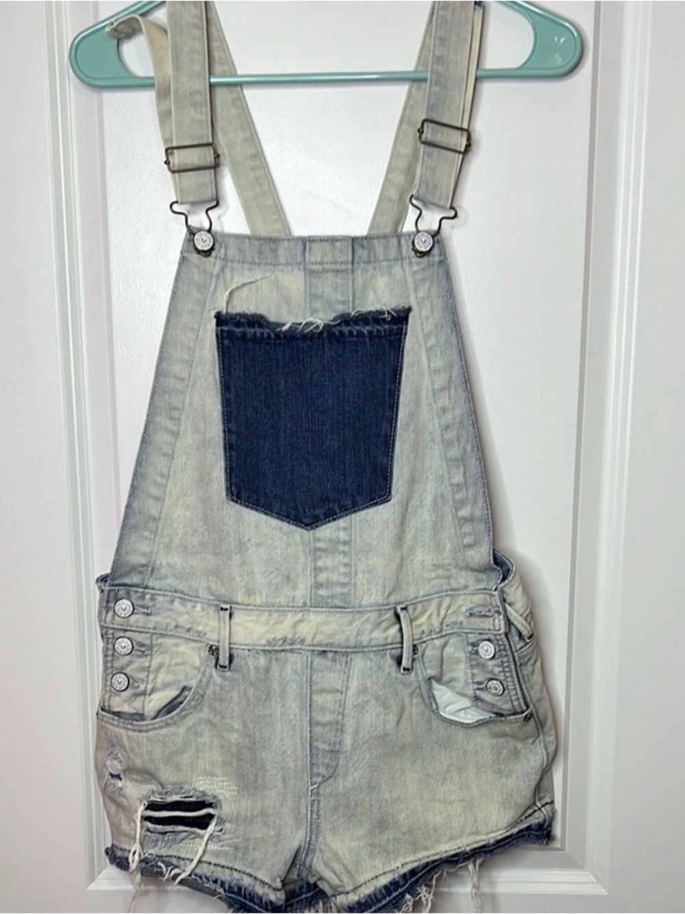 True Religion Light Wash Denim Short Overalls with Dark Blue Patch Pocket
